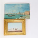Modern oil on panel, scene in Venice, 15cm x 24cm, and small watercolour, camel riders, signed