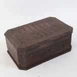 An early 20th century carved mahogany basket-weave design jewel box, with red velvet interior,