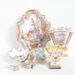 Various faience porcelain and pottery, including 19th century French hand painted wall sconce