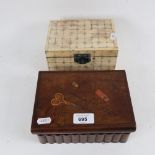 A Vintage inlaid walnut book design box, and a bone-mounted storage box, largest width 19cm (2)