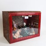 A handmade doll's house interior diorama scene cabinet, with many fixtures and fittings, W35cm,