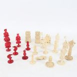 Various red and white stained ivory and bone chessmen, including Oriental figural pieces, finely
