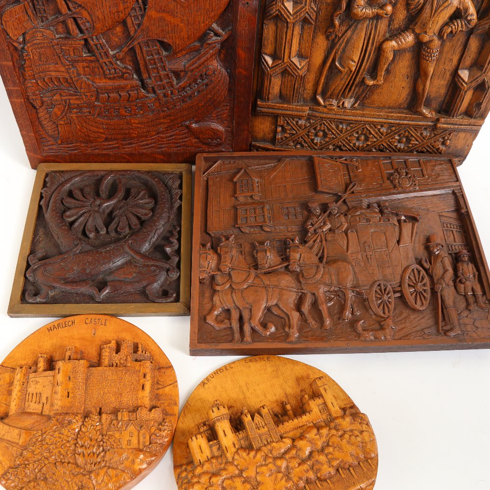 A group of 6 carved hardwood and resin wall plaques, including oak shipping example, largest - Bild 2 aus 2