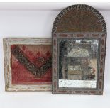 A Middle Eastern wall mirror, in painted wood frame, overall 88cm x 52cm (pediment repaired), and