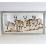 Clive Fredriksson, oil on board, 4 hares, framed, overall frame size 60cm x 110cm
