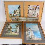 4 mid-century Continental oils on paper, village scenes, all indistinctly signed, and J Ward,