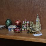 7 miniature gilded and jewelled metal miniature boxes, tallest being a cathedral, height 9.5cm