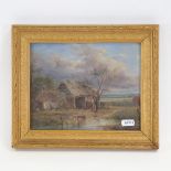 19th century oil/gouache on board, farm building, unsigned, 17cm x 21cm, framed