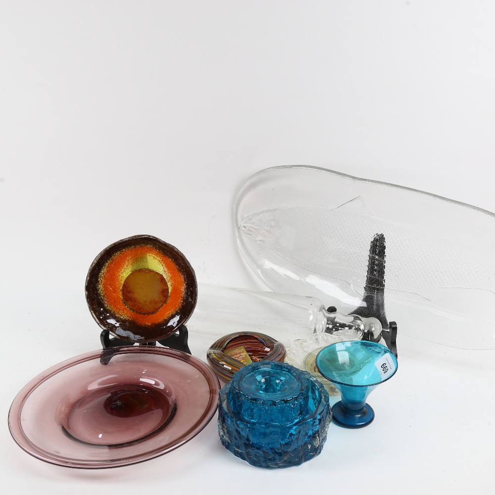 Various Art glass, including Whitefriars bark design candle holder, Isle of Wight ashtray etc