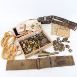 Various military buttons, military Regiment cigarette silks, shrapnel etc (boxful)