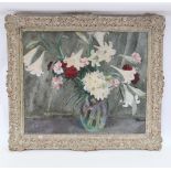 Anne Harcourt, oil on canvas, still life vase of flowers, framed, 80cm x 94cm