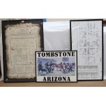 A group of Tombstone Arizona commemorative posters and prints, including a map of the streets of