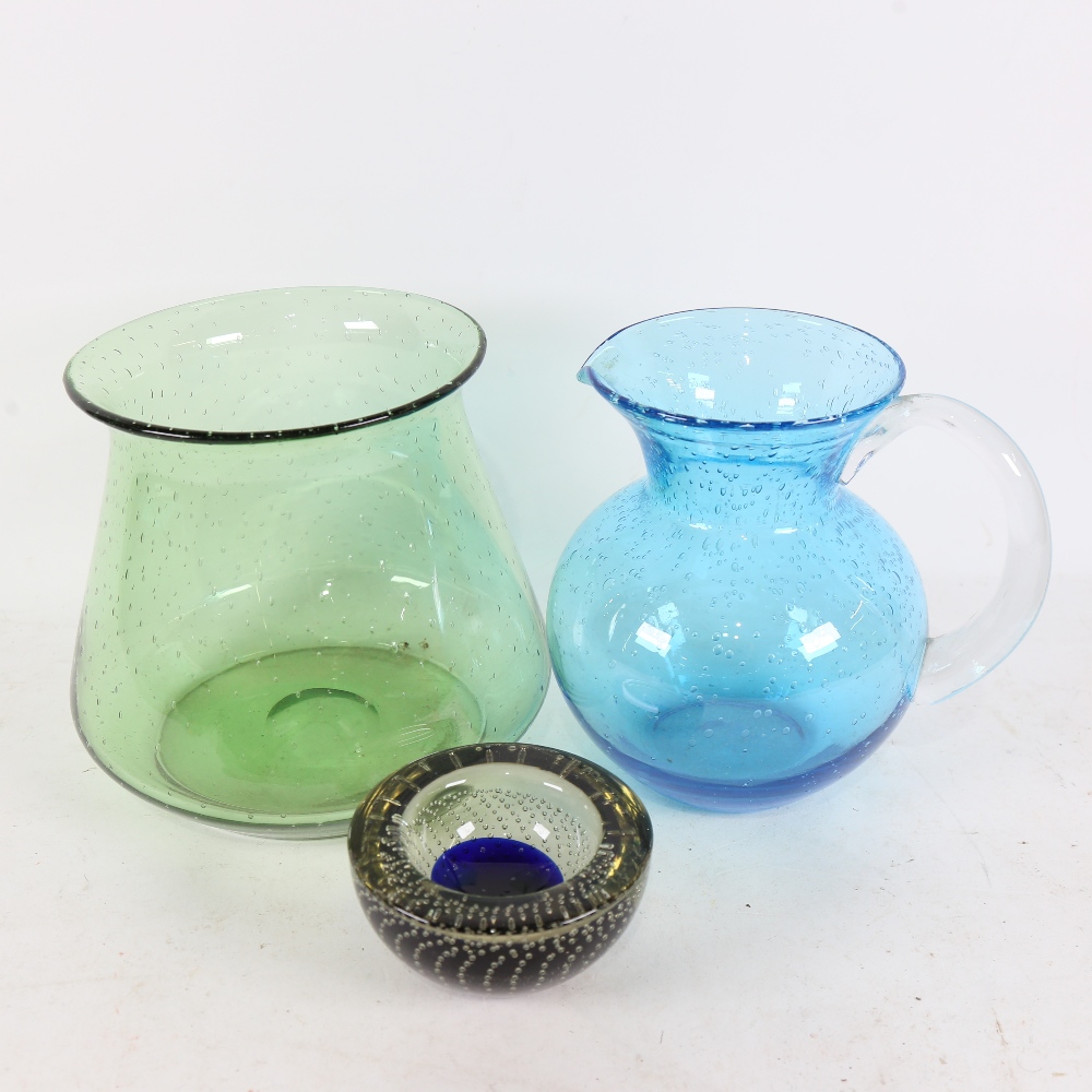 A green Whitefriars bubble glass vase, another vase and a Murano bubble glass dish (3)