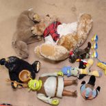 Various stuffed toys including Harrods teddy bear and Shrek toy