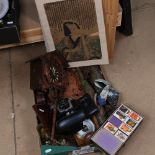 A box of miscellaneous items, including a cuckoo clock, 2 Vintage cameras, 2 skittles etc