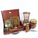 2 framed tile pot stands, and a small suitcase containing a brass-bound oak barrel, candlesticks,
