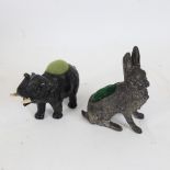 2 novelty figural animal pin cushions, including hare and elephant, largest height 8.5cm (2)