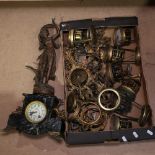 A Vintage French marble-cased mantel clock, surmounted by a spelter figure of a woman, and various