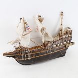 A handmade stained wooden-hulled 3-mast galleon ship, hull length 48cm