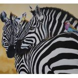 Clive Fredriksson, oil on canvas, zebra and bird, 82cm x 105cm