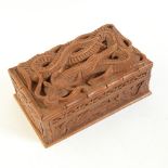 A Chinese carved hardwood cigarette box, high relief carved dragon lid, 20cm x 11.5cm