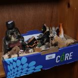 A box of miniature figures, dolls, Vintage animals etc, tallest being a cast-iron Bulldog seated