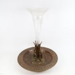 A large bronze copper and brass table centre trumpet epergne, with central etched fluted glass vase,