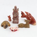 Various Chinese carved hardstone ornaments, including fish, tortoise, and seated figure, height 10cm