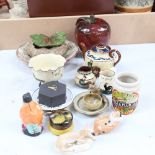 Motto Ware items, fox-head stirrup cup, Japanese lustre clown pin dish, red glazed pottery apple,