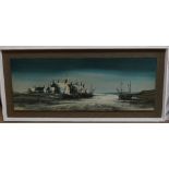 Folland, retro colour print, harbour scene, in original frame, overall frame size 58cm x 130cm
