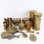 A group of brass First War Period trench art, including shell cases, miniature miner's lamp, tea