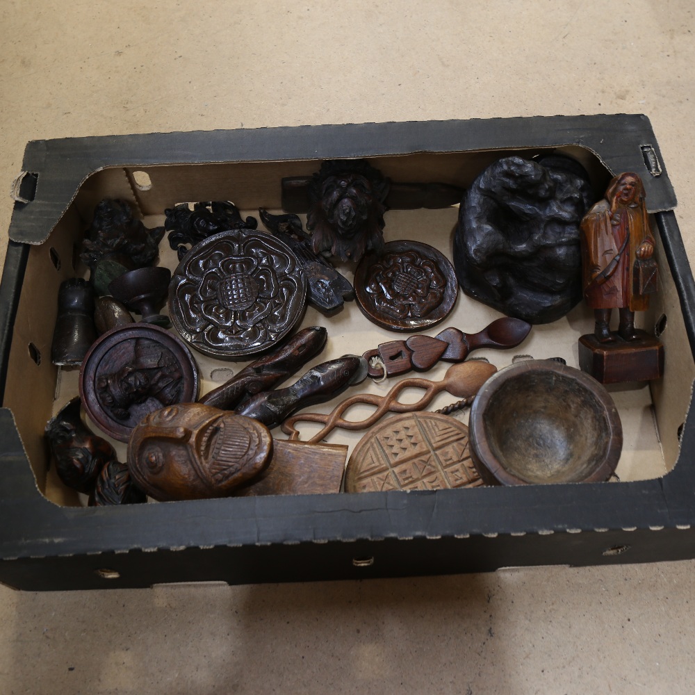 A quantity of carved wooden items, including Welsh love spoons, figural sculptures, furniture mounts - Image 2 of 2
