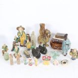 Various Oriental items, including Shekwan figures, 2 hardstone seals, a hardstone candle holder etc