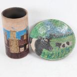 Josse Davis (born 1959), 2 pieces of crackle glaze, raku Studio pottery, vase height 6.5", bowl