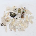 A quantity of carved mother-of-pearl gaming counters, stone set horn snuff bottle, hardstone seal,