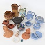 Various miniature items, including Wedgwood Jasperware tea set, stoneware jug, clay teapot etc (