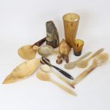 A group of horn spoons, beaker, flask etc