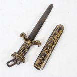 A small Chinese carved and gilded black stone dagger and sheath, blade length 15.5cm (blade broken