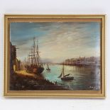 Oil on wood panel, moonlit docklands scene, indistinctly signed, modern, 17cm x 24cm, framed