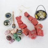 A string of natural pink coral, Murano Glass eggs, carved cowrie shells etc (boxful)