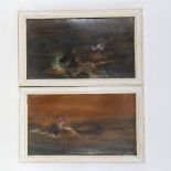 A pair of Second World War Period oils on board, Atlantic battle scenes, and submarine in rough sea,