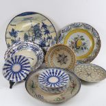 A group of European pottery bowls, chargers and plates, some A/F, largest diameter 40cm