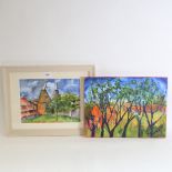 Marueen Connett, 2 pictures, oil on canvas and watercolour of Sussex / Kent oast houses, monogram,