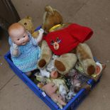 A box of various teddy bears and dolls, some Vintage, largest 44cm, and a box of beer bottle labels