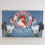 Clive Fredriksson, mixed media on board, red comb poultry feeds, framed, overall 54cm x 80cm