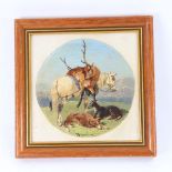 J F Herring, oil on board, stag pony and hounds, signed, framed, overall 17cm x 17cm