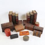 An assortment of boxes, including Victorian black lacquer snuff box, and bookends with novelty