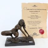 After Jean Patoue, bronze erotic nude sculpture, crouching woman, signed, on black marble base, base