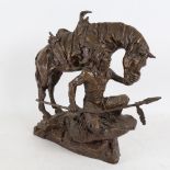 A Cast resin bronze sculpture of a Native American with horse, after McCain, height 30cm