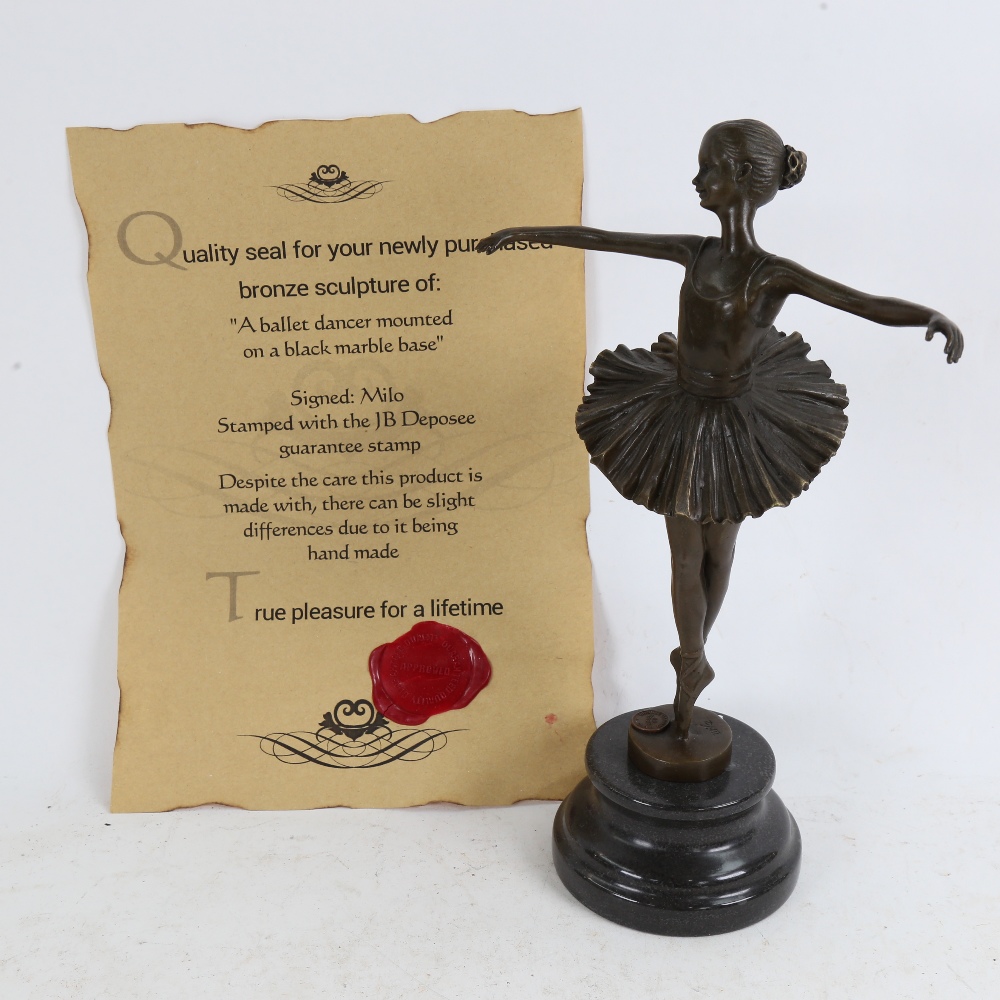A bronze sculpture of a ballet dancer, on black marble plinth signed Milo, with Certificate,